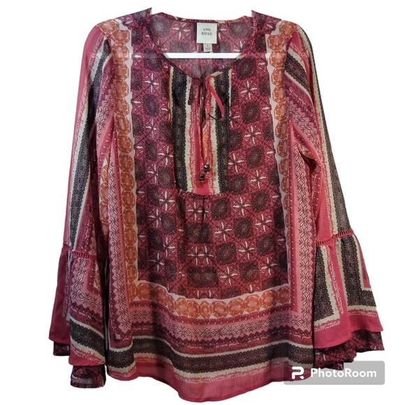 Knox Rose Tops - Knox Rose Boho Peasant Sheer Bell Sleeve Blouse Top Size L